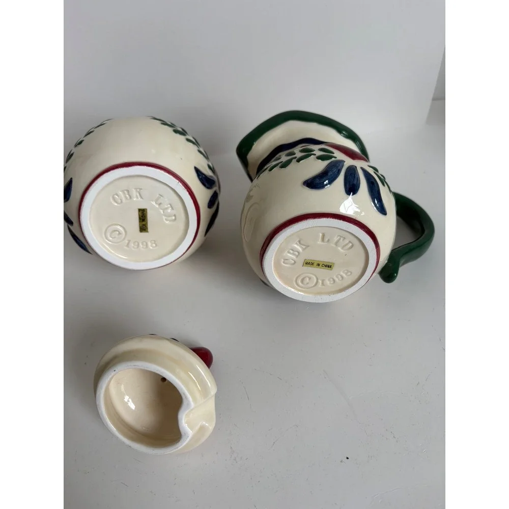 Vintage CBK LTD 1998 Vintage Ceramic Cream and Sugar Set Heart Green Vine NEW